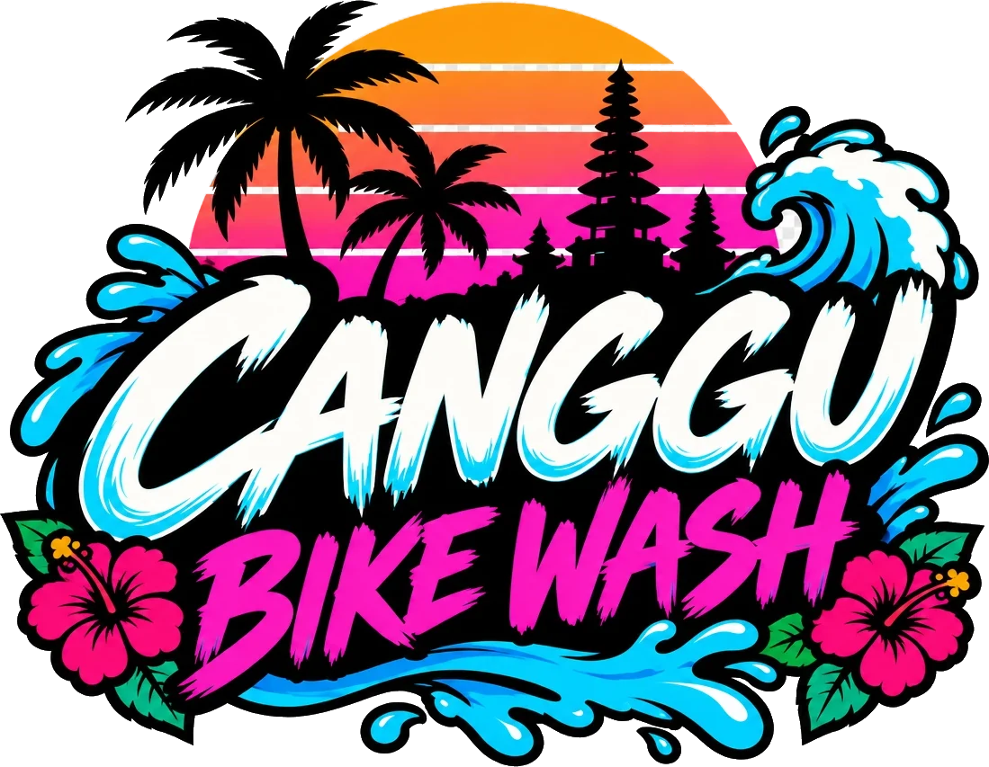 Логотип Canggu Bike Wash: граффити-надпись на фоне заката на Бали с пальмами, храмом, большой волной и цветами гибискуса