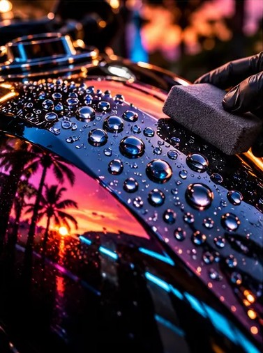 Gotas de agua sobre el depósito de una moto con recubrimiento cerámico