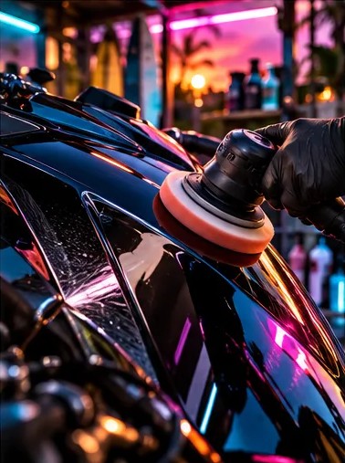 Una pulidora trabajando en el carenado de una moto durante un Detailing Showroom