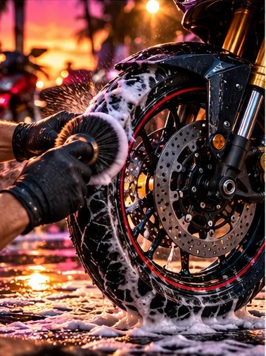 Lavado a mano de una rueda y un guardabarros de moto con espuma durante un Detailing Signature